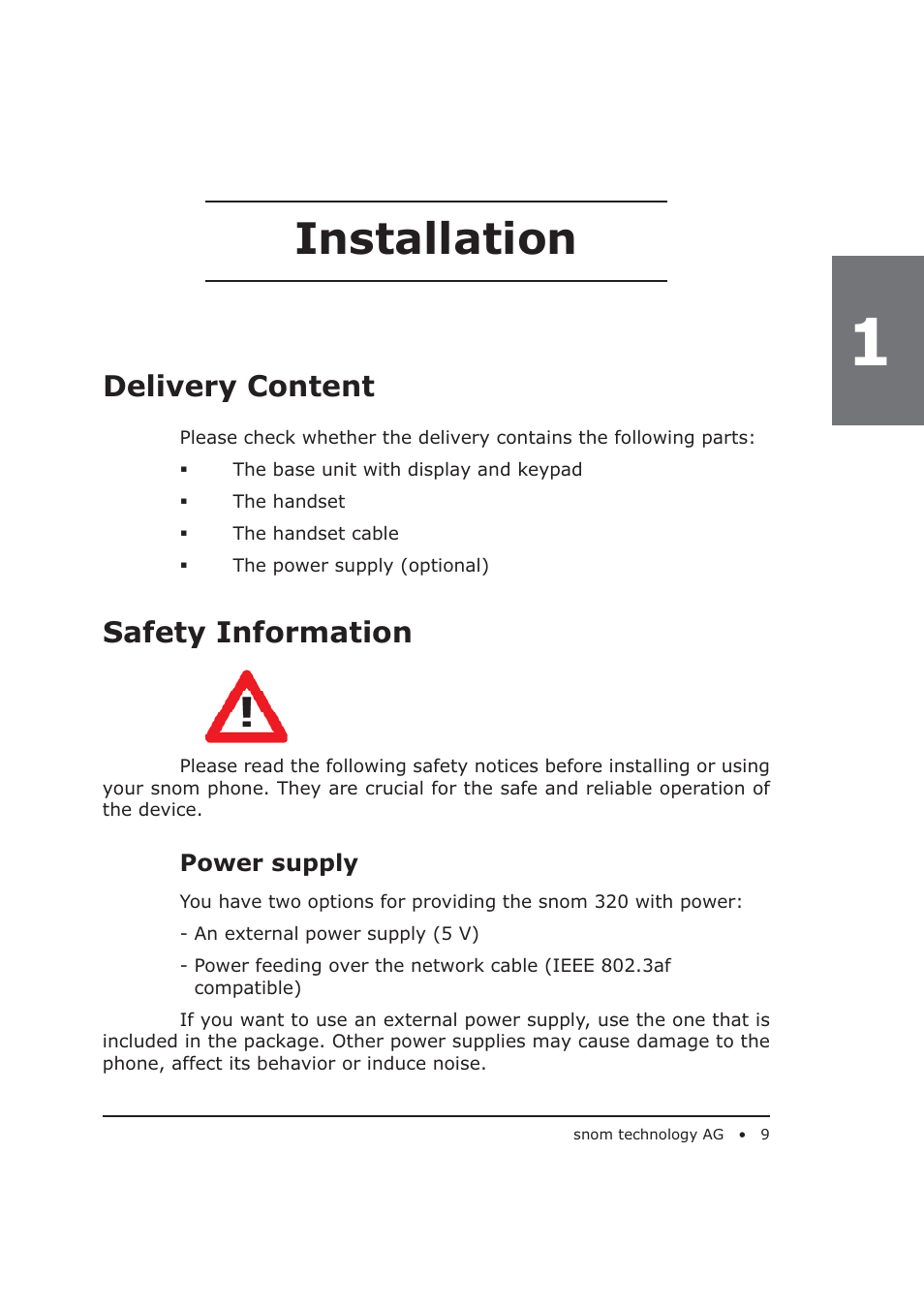 Installation, Delivery content, Safety information | Snom 320 User Manual | Page 9 / 108