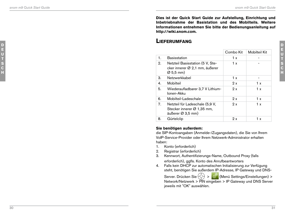 Deutsch, Lieferumfang | Snom M9 User Manual | Page 16 / 61