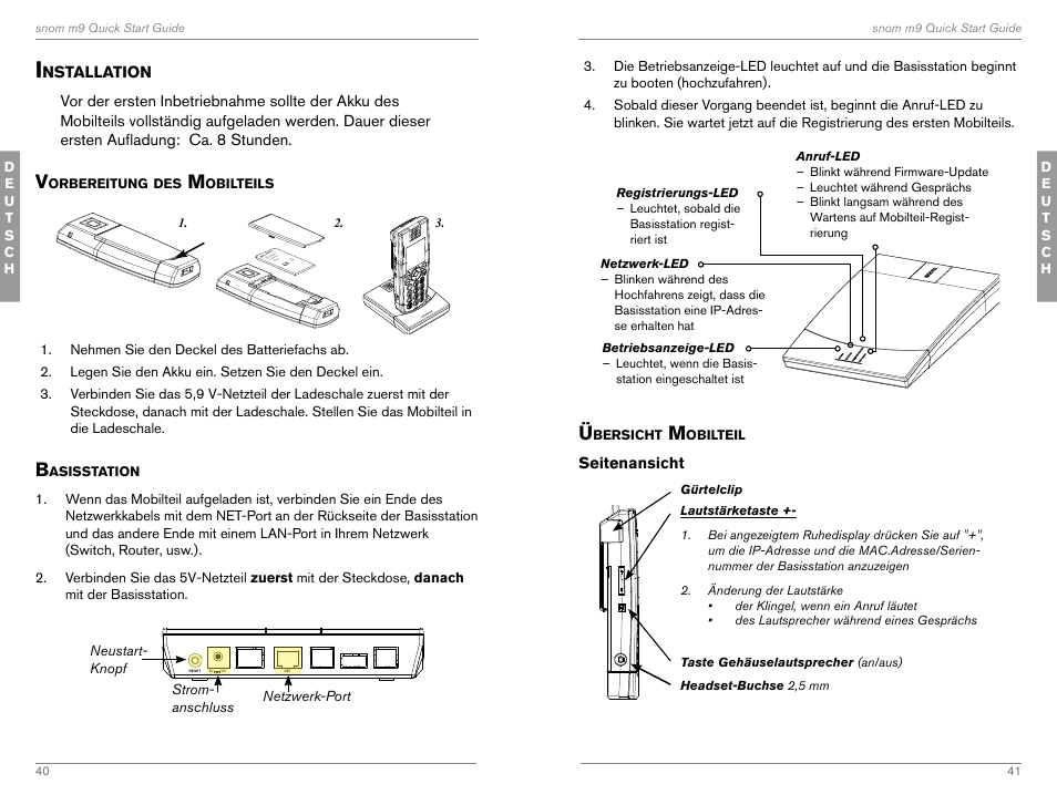 Installation, Geräteanschluss, Übersicht mobilteil | Snom M9 User Manual | Page 21 / 61