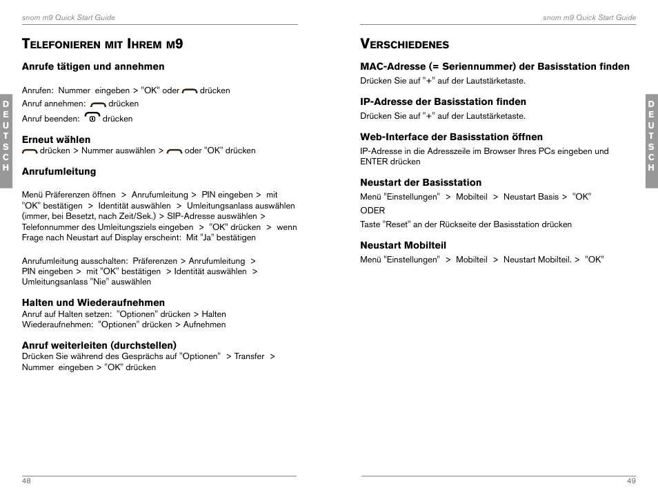 Telefonieren mit ihrem m9, Grundfunktionen, Verschiedenes | Ip-adresse der basisstation finden, Web-interface der basisstation öffnen, Neustart von basisstation und mobilteil | Snom M9 User Manual | Page 25 / 61