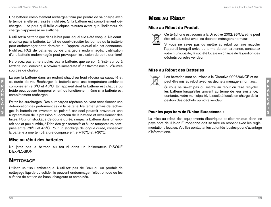 Nettoyage, Mise au rébut, Du produit | Des batteries | Snom M9 User Manual | Page 30 / 61