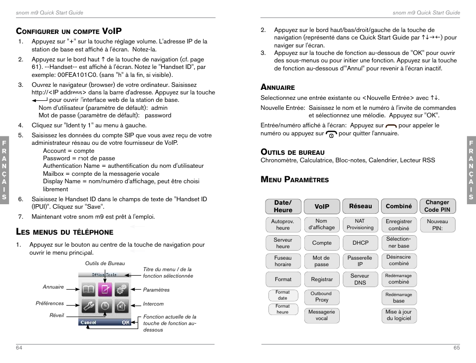 Configurer un compte voip, Les menus du téléphone | Snom M9 User Manual | Page 33 / 61