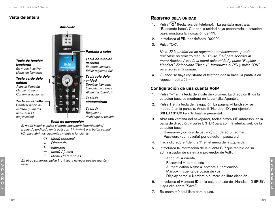 Registro dela unidad, Configuración de una cuenta voip | Snom M9 User Manual | Page 52 / 61