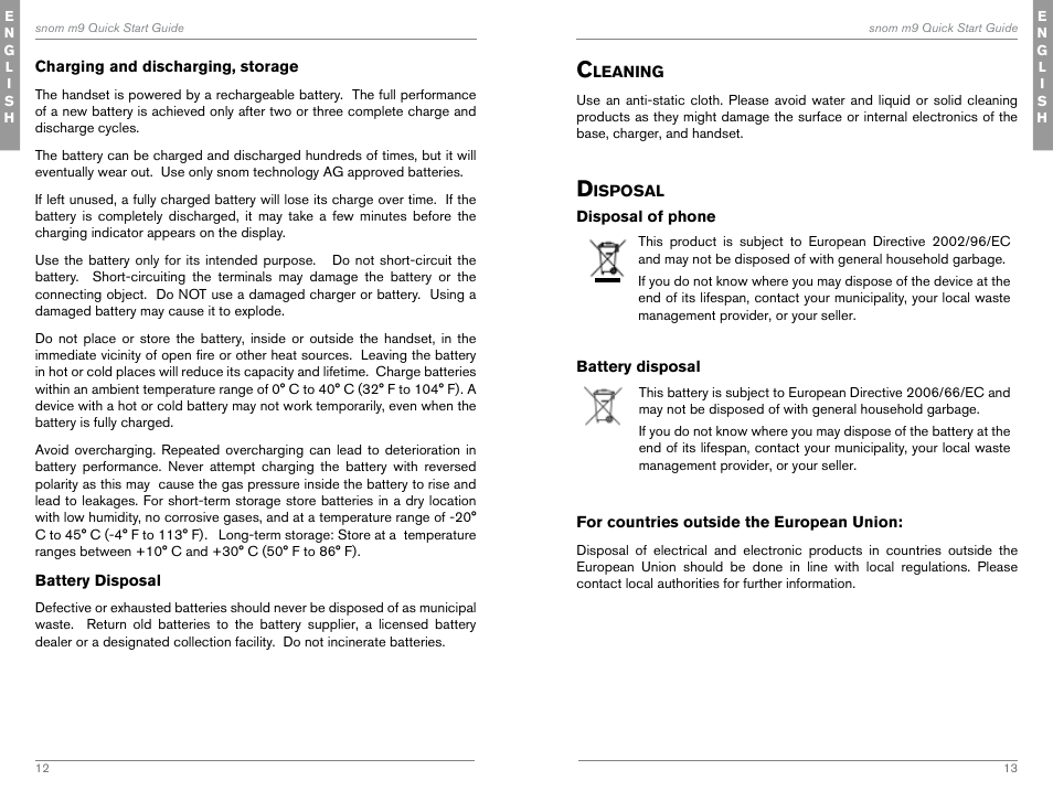 Cleaning, Disposal, Phone | Battery | Snom M9 User Manual | Page 7 / 61