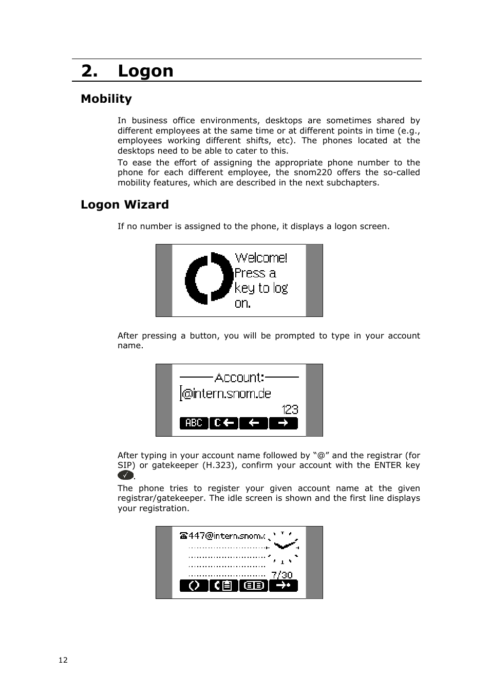 Logon, Mobility, Logon wizard | Snom 220 User Manual | Page 12 / 67