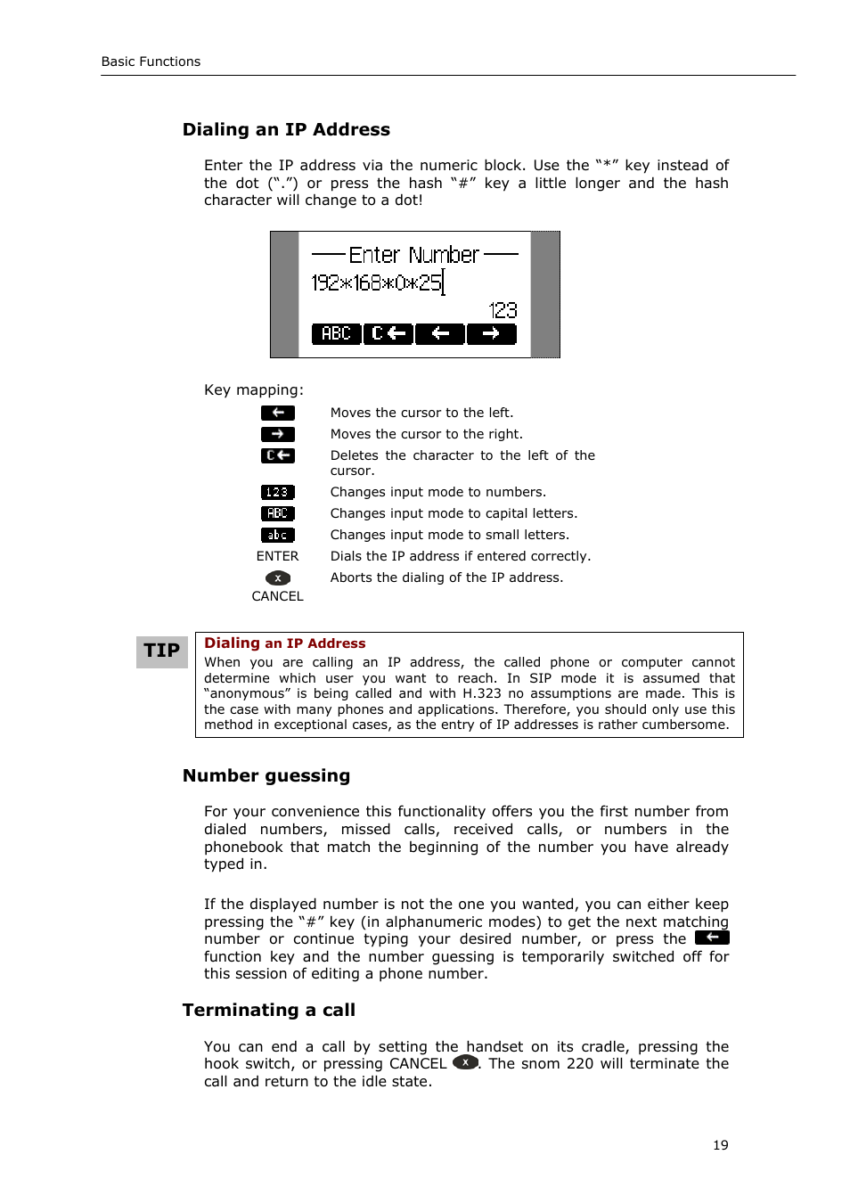 Dialing an ip address, Number guessing, Terminating a call | Snom 220 User Manual | Page 19 / 67