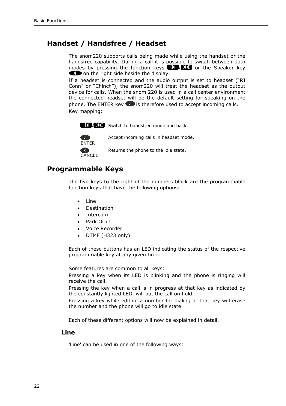Handset / handsfree / headset, Programmable keys | Snom 220 User Manual | Page 22 / 67