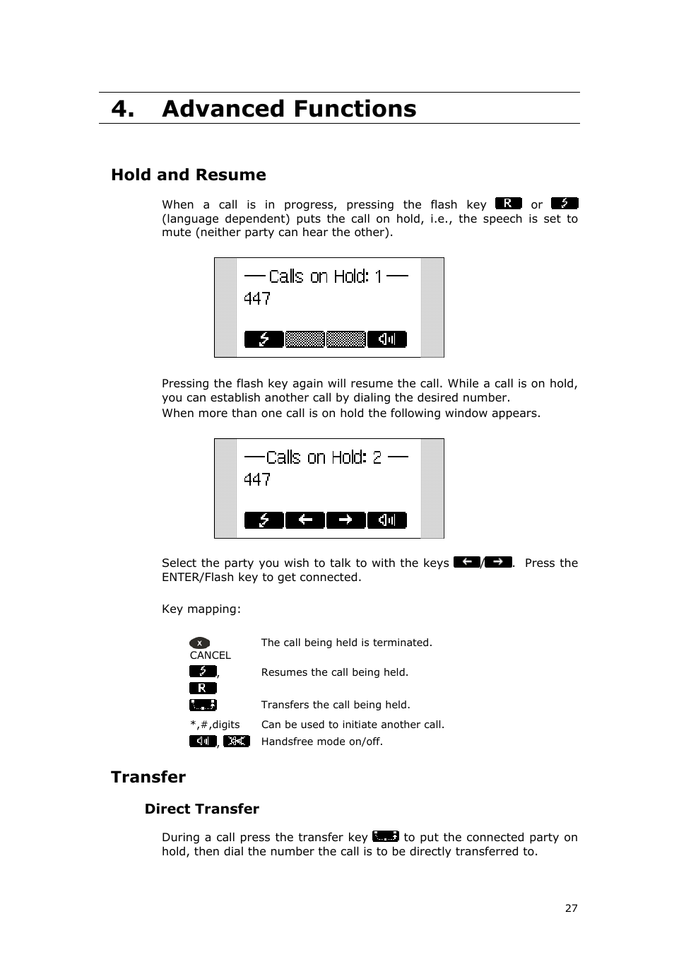 Advanced functions, Hold and resume, Transfer | Snom 220 User Manual | Page 27 / 67