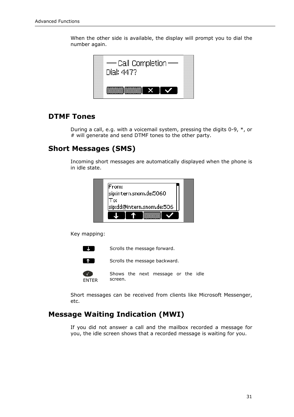Dtmf tones, Short messages (sms), Message waiting indication (mwi) | Snom 220 User Manual | Page 31 / 67