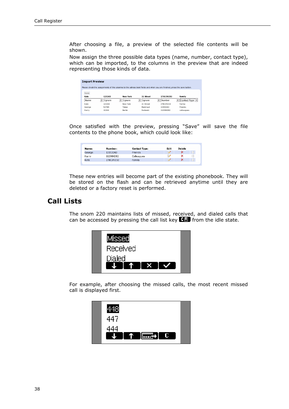 Call lists | Snom 220 User Manual | Page 38 / 67