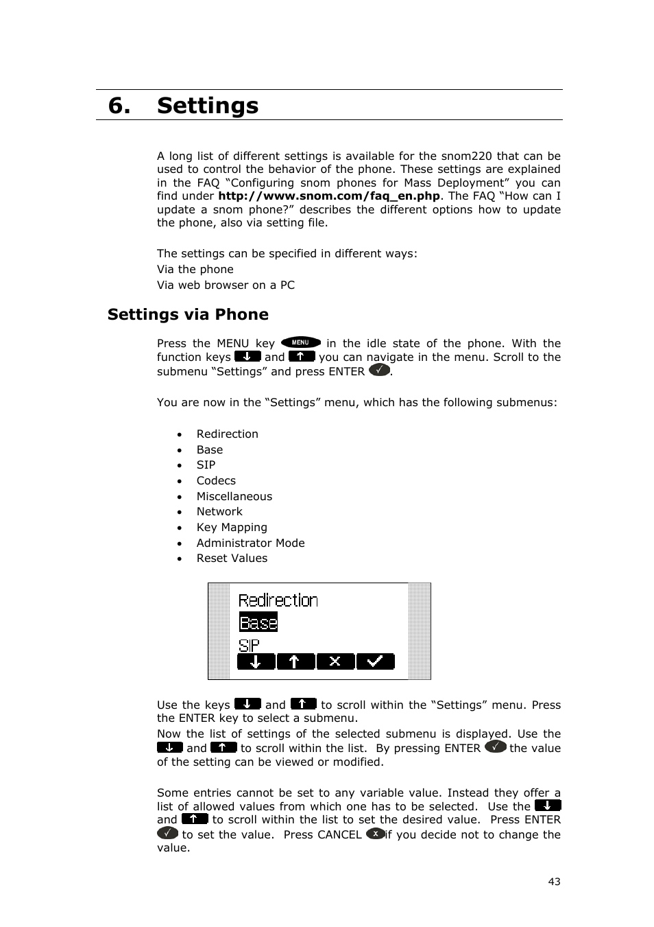 Settings, Settings via phone | Snom 220 User Manual | Page 43 / 67