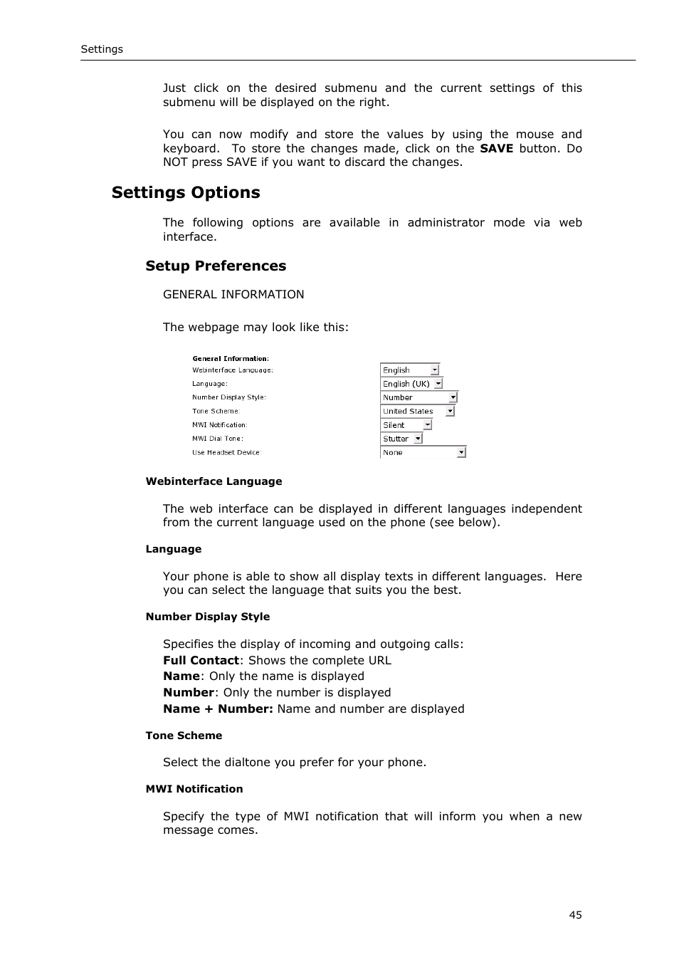 Settings options | Snom 220 User Manual | Page 45 / 67