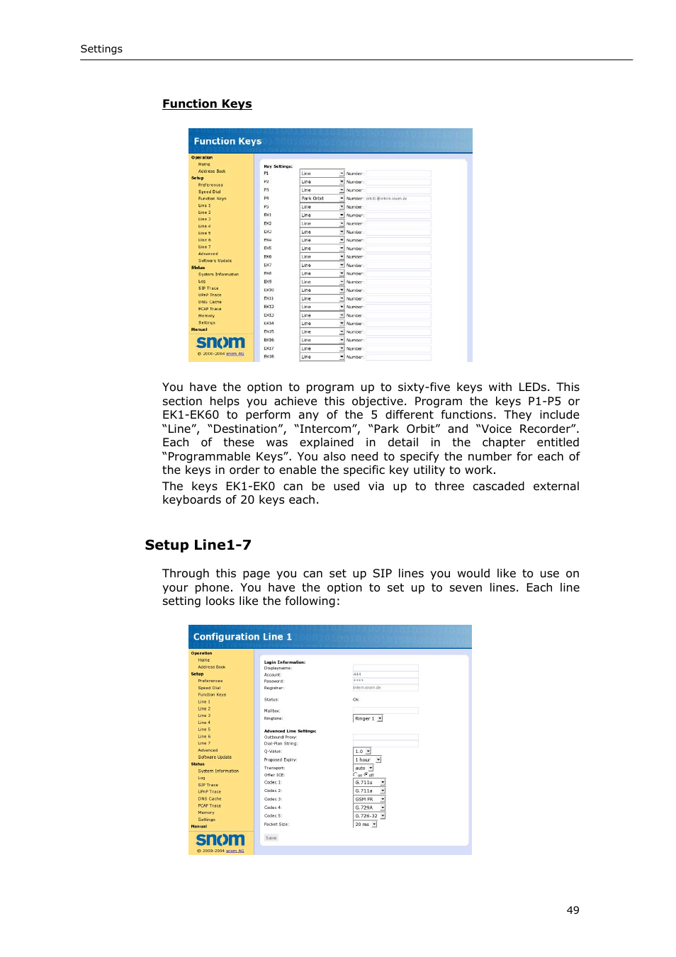 Setup line1-7 | Snom 220 User Manual | Page 49 / 67