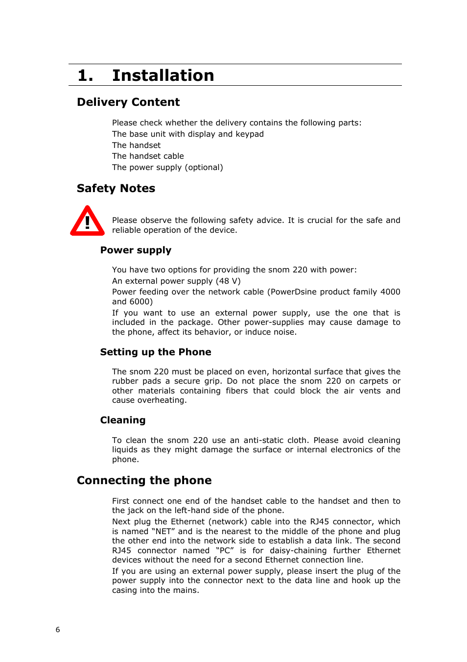 Installation, Delivery content, Connecting the phone | Snom 220 User Manual | Page 6 / 67