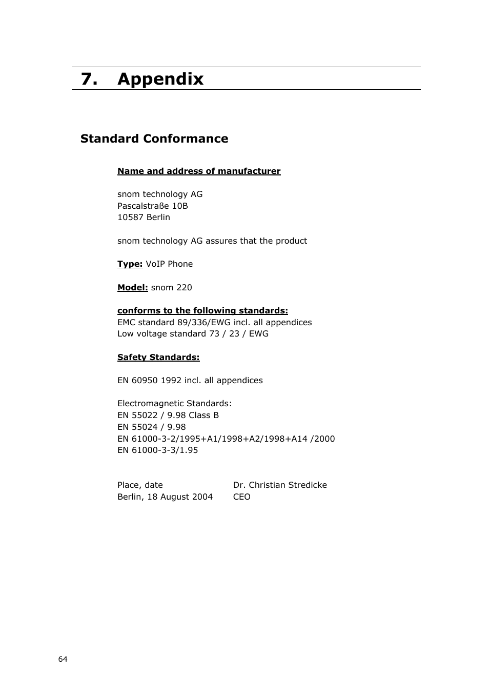 Appendix, Standard conformance | Snom 220 User Manual | Page 64 / 67