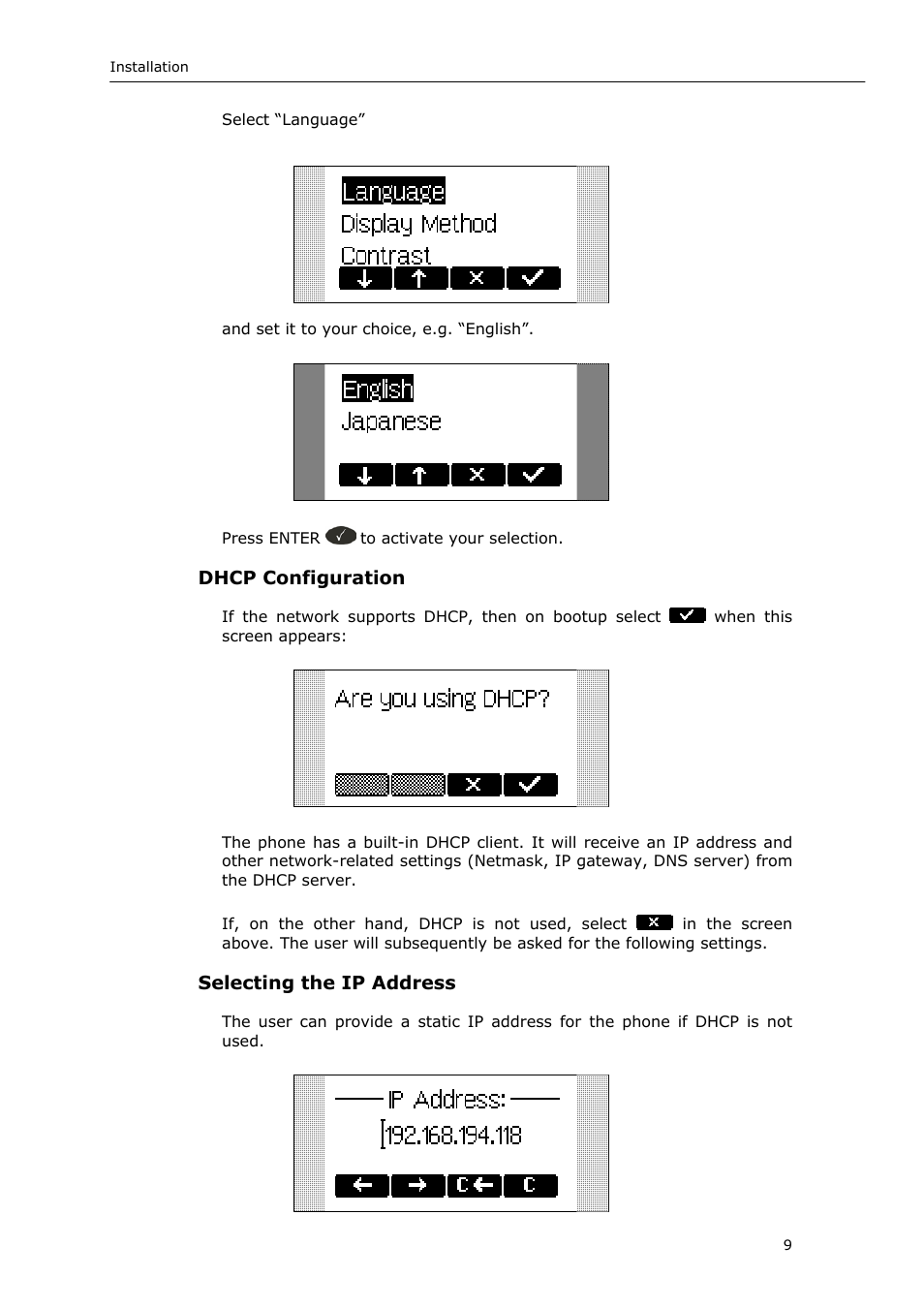 Dhcp configuration, Selecting the ip address | Snom 220 User Manual | Page 9 / 67