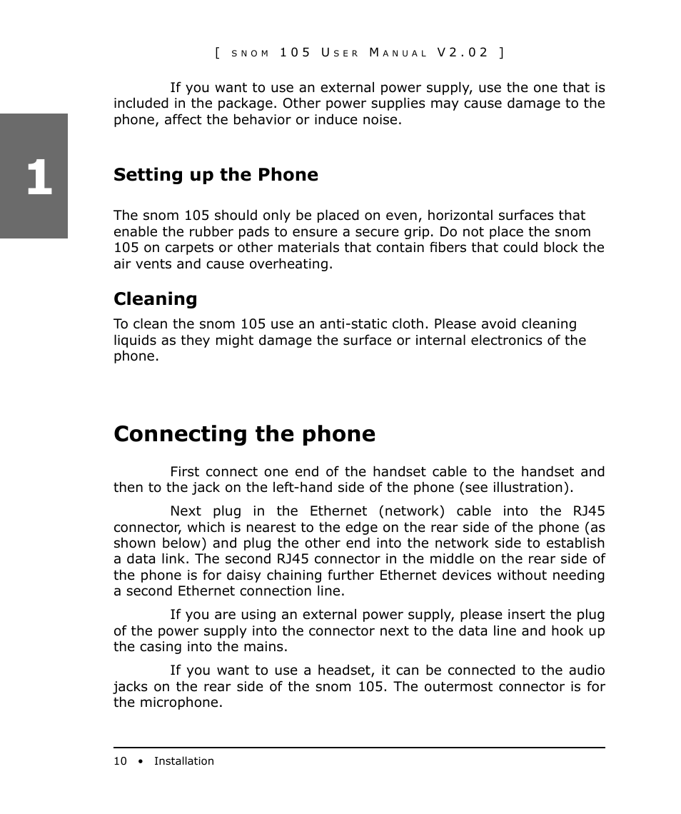 Setting up the phone, Cleaning, Connecting the phone | Snom 105 User Manual | Page 10 / 69