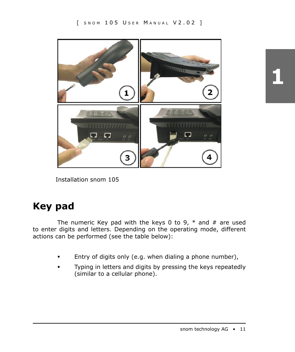 Key pad | Snom 105 User Manual | Page 11 / 69