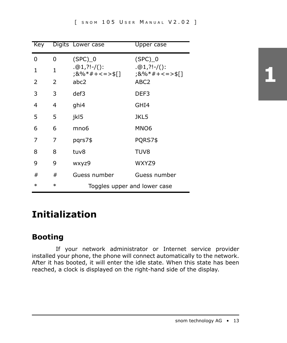 Initialization, Booting | Snom 105 User Manual | Page 13 / 69