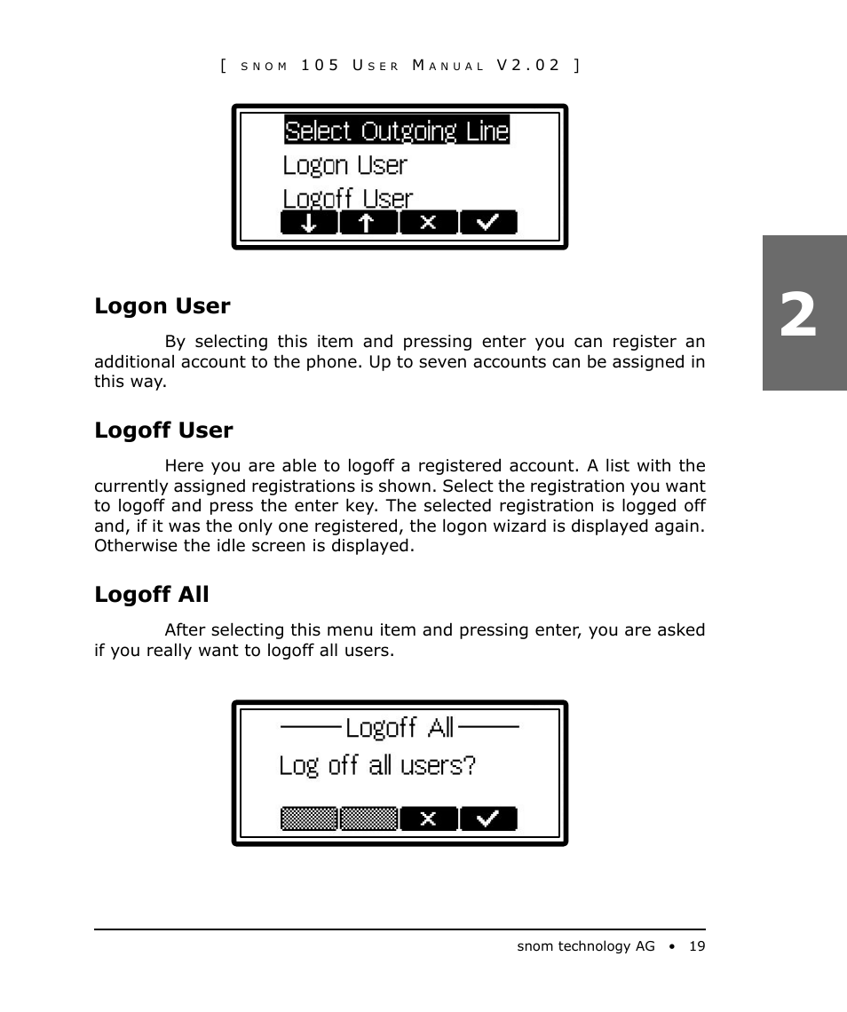 Logon user, Logoff user, Logoff all | Snom 105 User Manual | Page 19 / 69