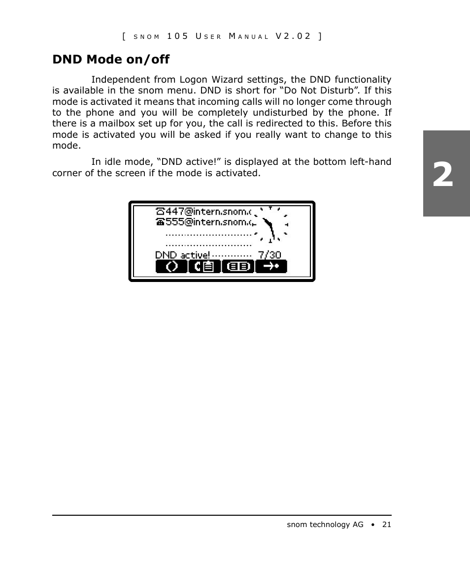 Dnd mode on/off | Snom 105 User Manual | Page 21 / 69