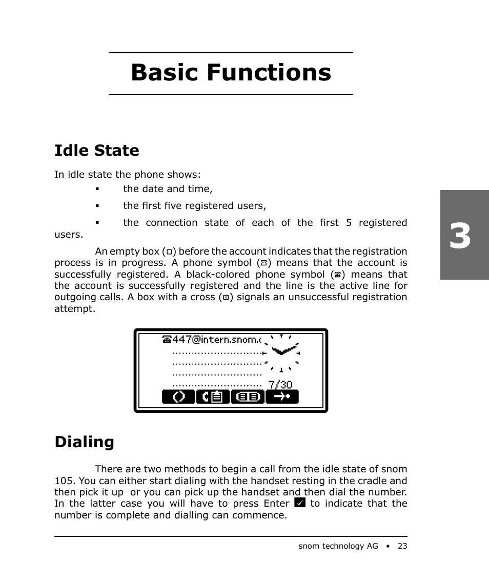 Basic functions, Idle state, Dialing | Snom 105 User Manual | Page 23 / 69