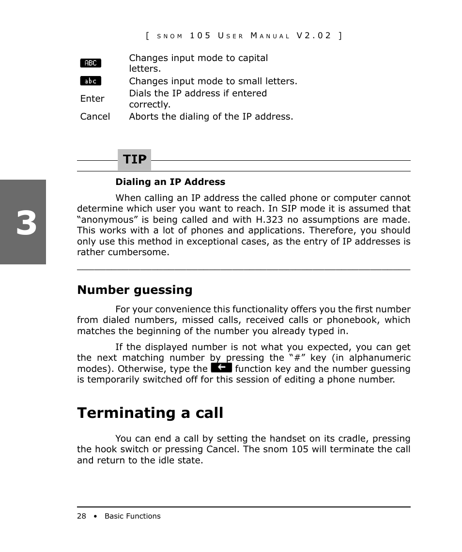 Number guessing, Terminating a call | Snom 105 User Manual | Page 28 / 69