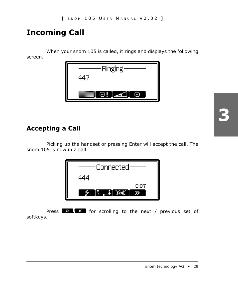 Incoming call, Accepting a call | Snom 105 User Manual | Page 29 / 69
