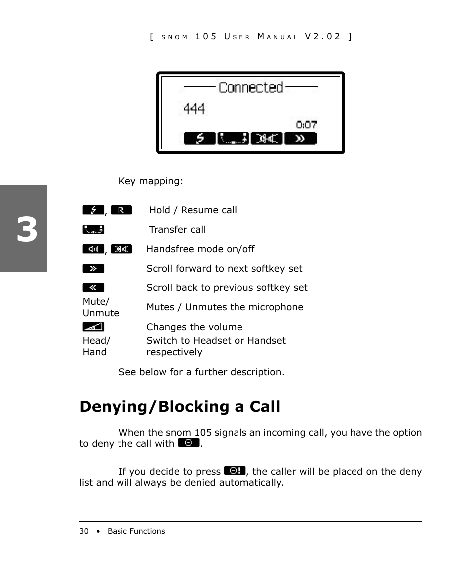 Denying/blocking a call | Snom 105 User Manual | Page 30 / 69