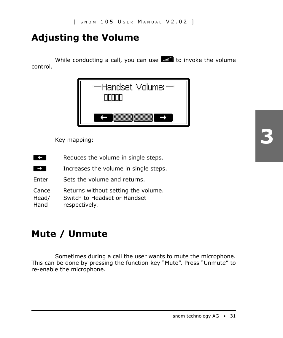 Adjusting the volume, Mute / unmute | Snom 105 User Manual | Page 31 / 69