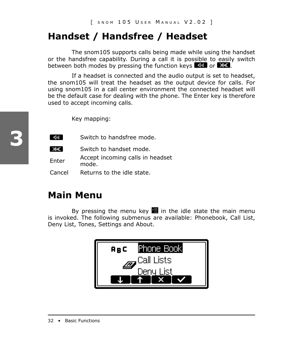 Handset / handsfree / headset, Main menu | Snom 105 User Manual | Page 32 / 69