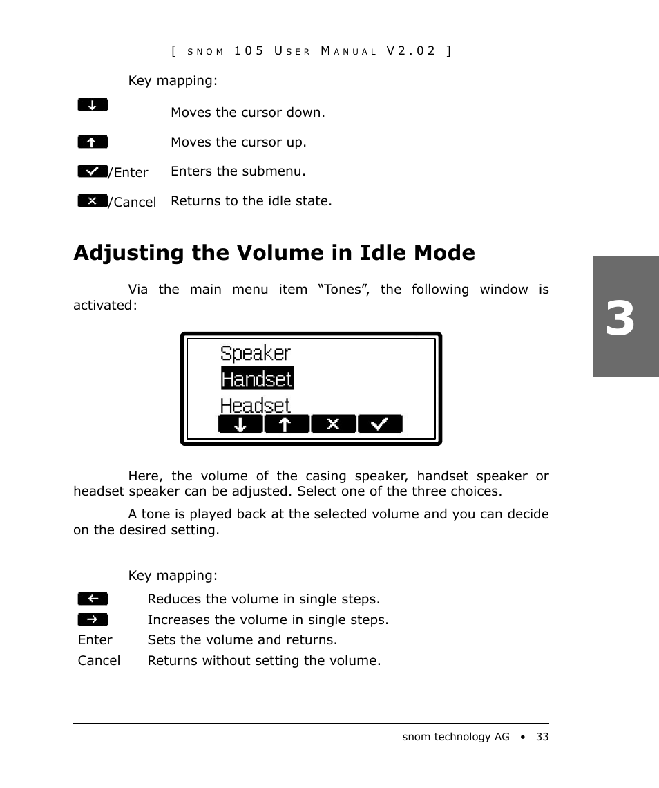 Adjusting the volume in idle mode | Snom 105 User Manual | Page 33 / 69