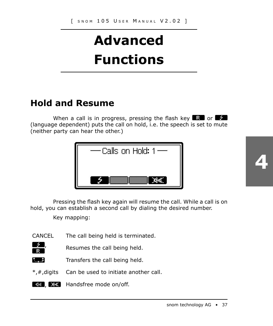 Advanced functions, Hold and resume | Snom 105 User Manual | Page 37 / 69