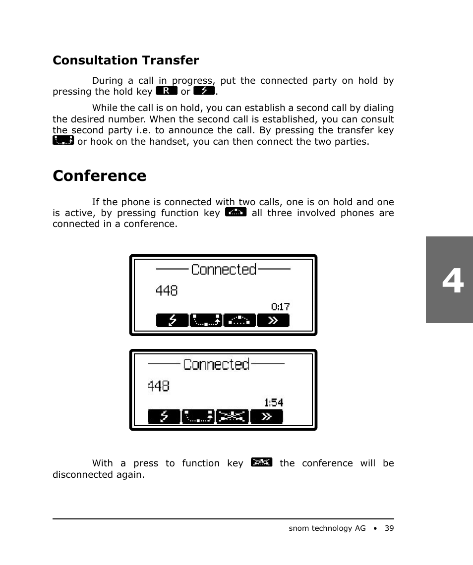 Consultation transfer, Conference | Snom 105 User Manual | Page 39 / 69