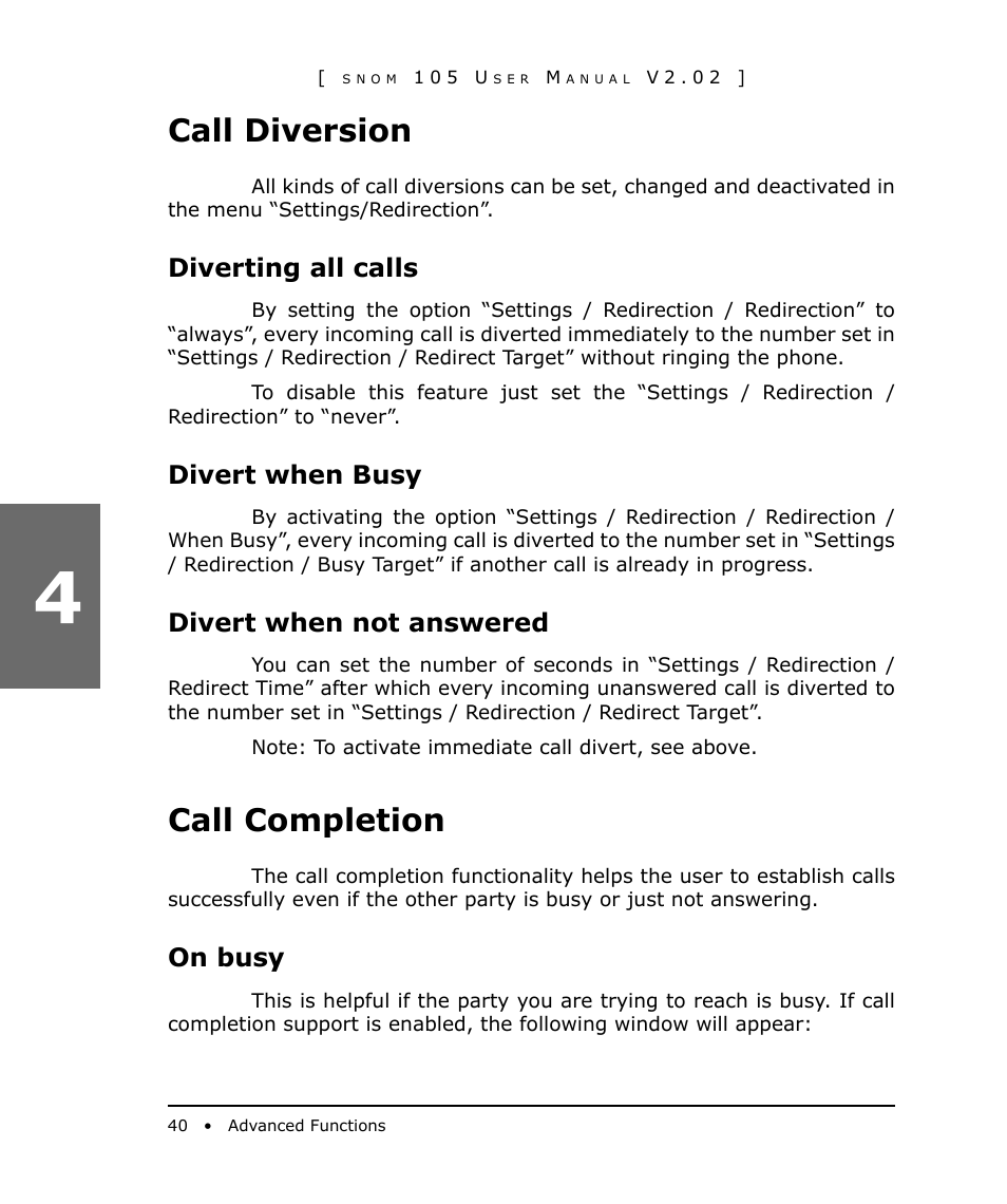 Call diversion, Diverting all calls, Divert when busy | Divert when not answered, Call completion, On busy | Snom 105 User Manual | Page 40 / 69