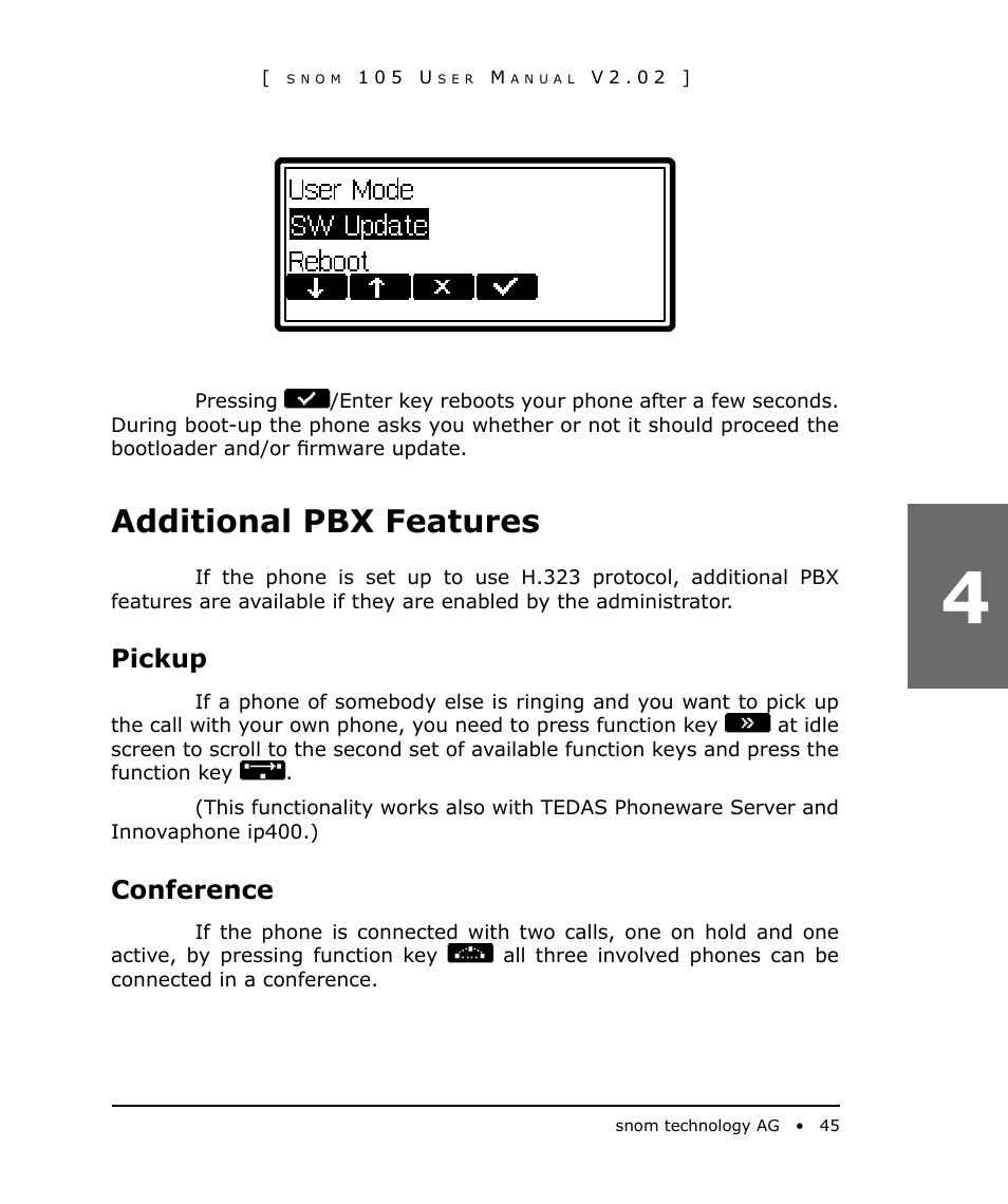 Additional pbx features, Pickup, Conference | Snom 105 User Manual | Page 45 / 69