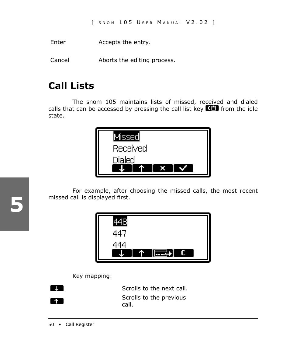 Call lists | Snom 105 User Manual | Page 50 / 69
