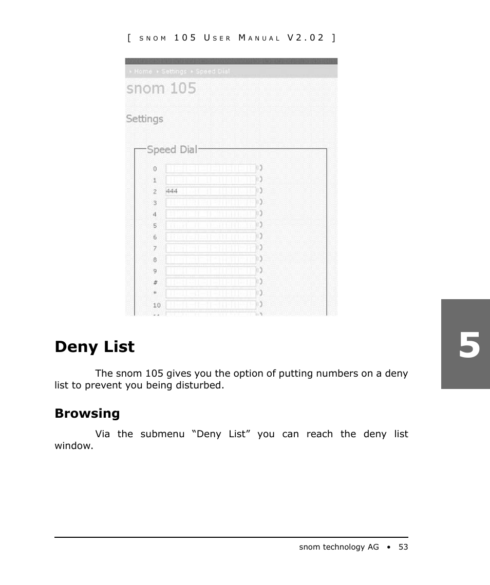 Deny list, Browsing | Snom 105 User Manual | Page 53 / 69