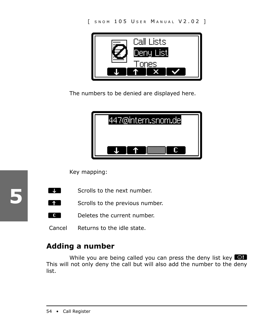 Adding a number | Snom 105 User Manual | Page 54 / 69