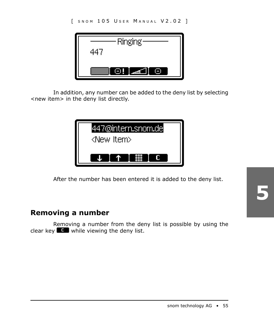 Removing a number | Snom 105 User Manual | Page 55 / 69