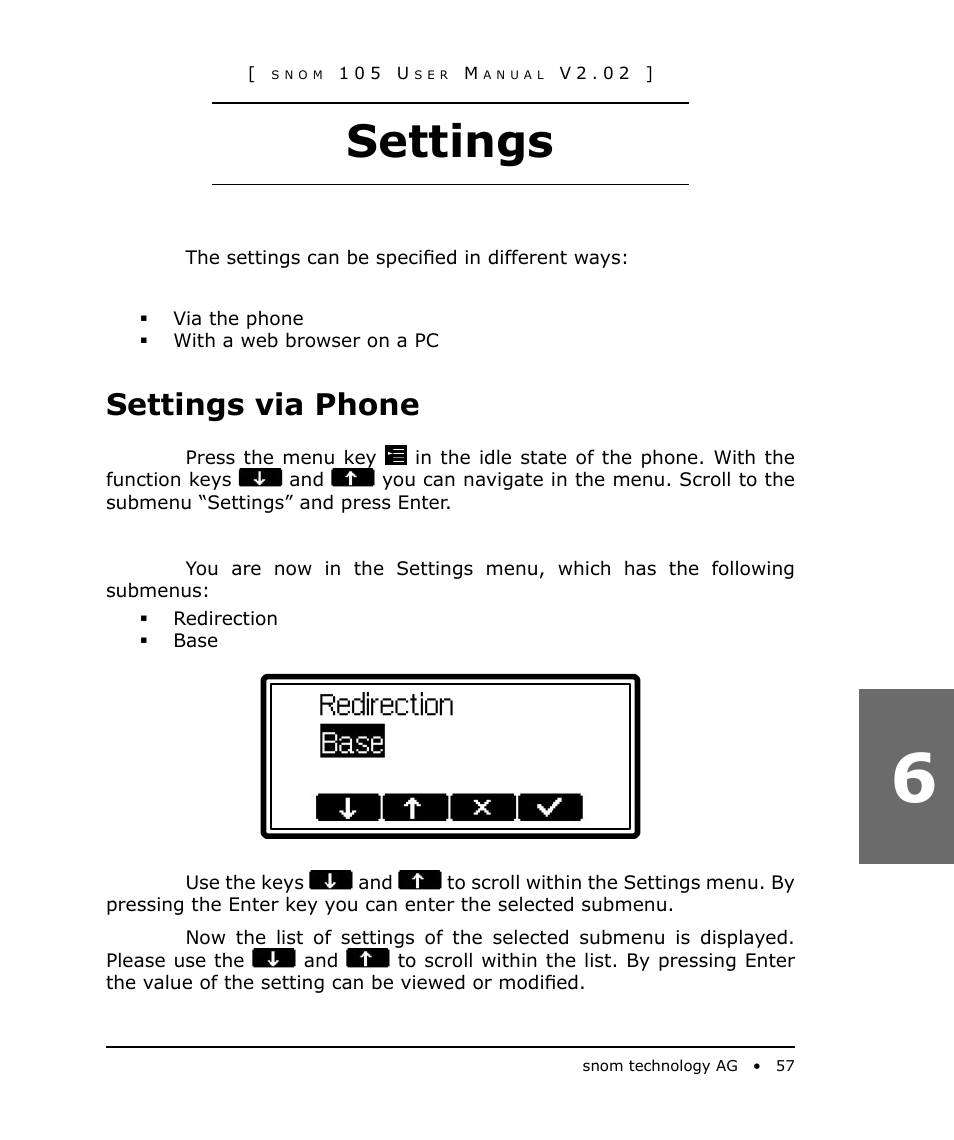 Settings, Settings via phone | Snom 105 User Manual | Page 57 / 69
