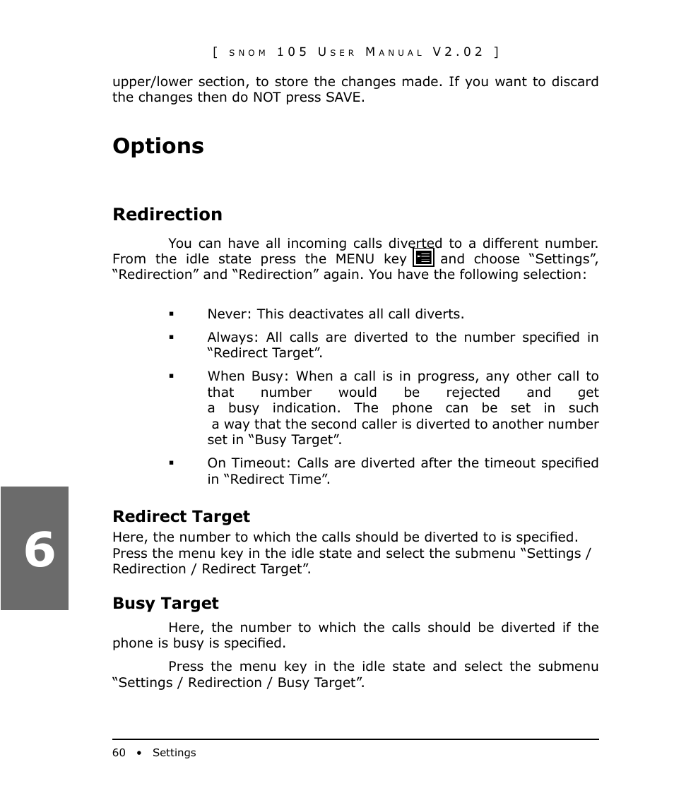 Options, Redirection, Redirect target | Busy target | Snom 105 User Manual | Page 60 / 69