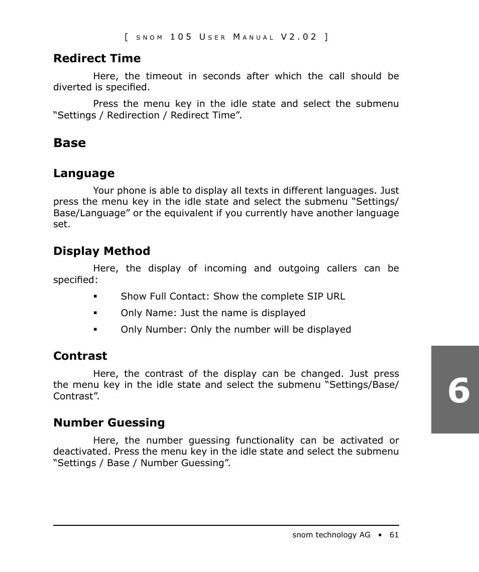 Base, Redirect time, Language | Display method, Contrast, Number guessing | Snom 105 User Manual | Page 61 / 69