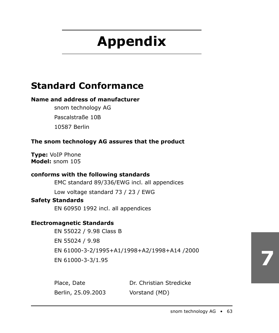 Appendix, Standard conformance | Snom 105 User Manual | Page 63 / 69