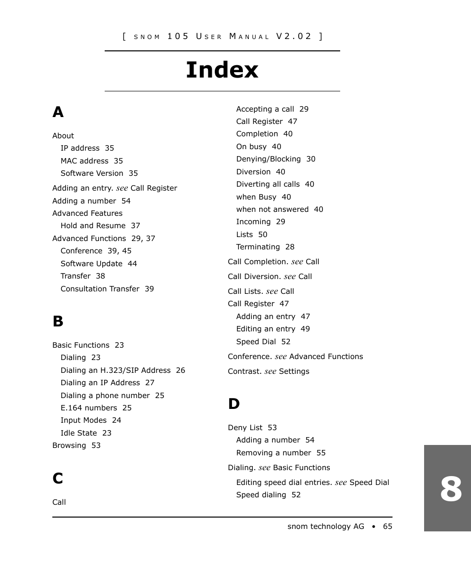 Index | Snom 105 User Manual | Page 65 / 69