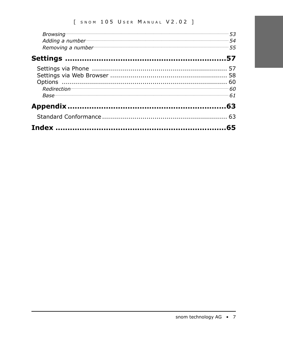 Settings, Appendix, Index | Snom 105 User Manual | Page 7 / 69