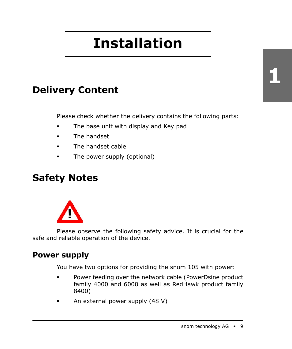 Installation, Delivery content, Safety notes | Power supply | Snom 105 User Manual | Page 9 / 69