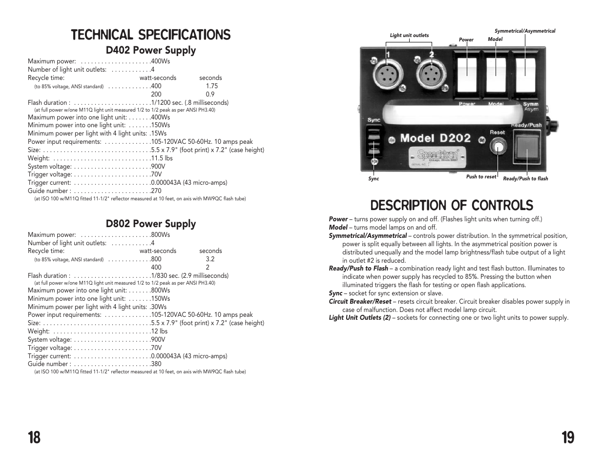 Description of controls, Technical specifications, D402 power supply | D802 power supply | Speedotron Brown Line Equipment User Manual | Page 10 / 17
