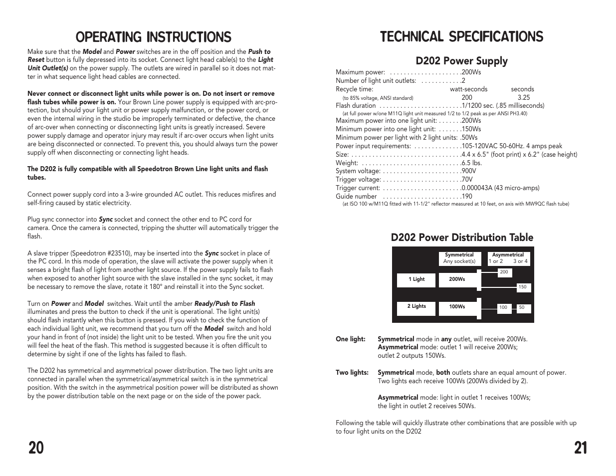 Technical specifications, Operating instructions, D202 power supply | D202 power distribution table | Speedotron Brown Line Equipment User Manual | Page 11 / 17