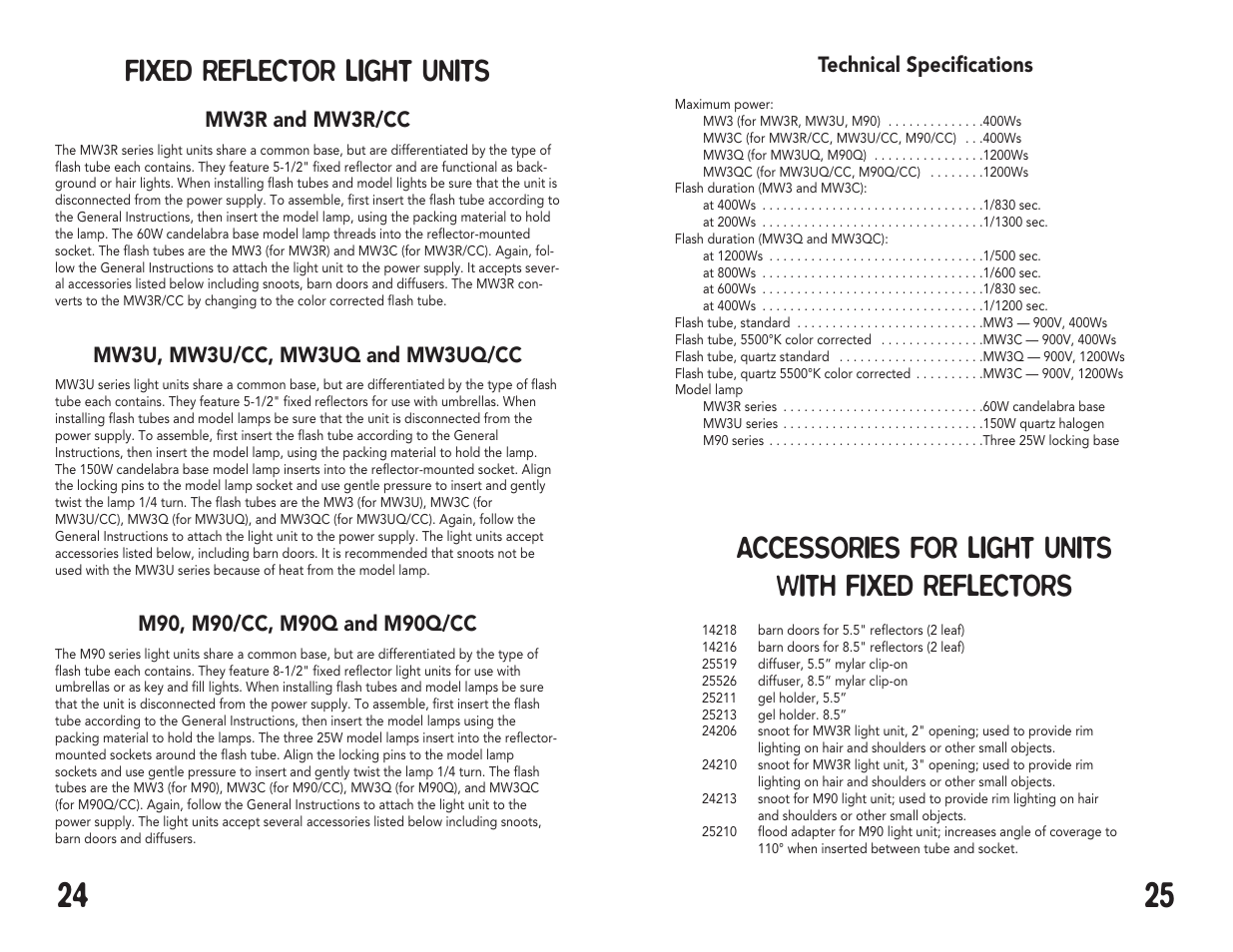 Fixed reflector light units, Accessories for light units with fixed reflectors | Speedotron Brown Line Equipment User Manual | Page 13 / 17